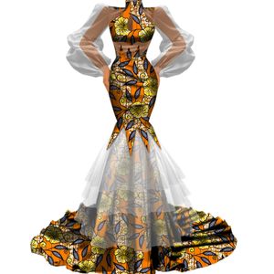 BintaRealWax Novo Design Feminino Elegante Bodycon Alta qualidadeTutu Tule Gaze Patchwork Tecido Africano Saia Festa De Casamento Vestidos WY4720