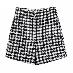 TRAF Women Fashion Houndstooth 트위드 버뮤다 반바지 빈티지 하이 허리 지퍼 플라이 암 여성 짧은 바지 Mujer 220401