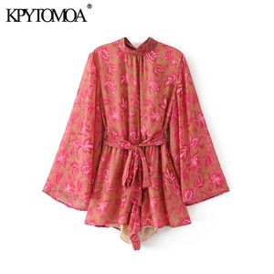 KPytomoa Women Boho Fashion Floral Print Bow Tie Sashes Playsuits Vintage Flare Sleeve Backless Beach Female Kort Jumpsuits T200704