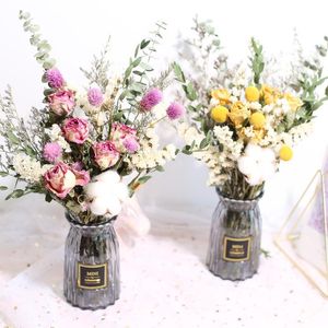 Dekorativa blommor kransar Gypsophila bukett rose torkad blommor tusensköna mix bröllop blommor med vas färska dekorationer för vardagsrum stycken