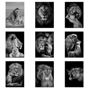 Black White Lion Família Padrão Mãe Criança Pintura Poster Print Print Art Abstract Picture Room Decoração de casa Cuadros