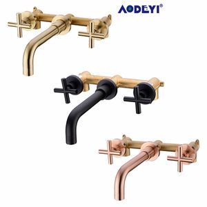 Matte Black Brass Double Handle Wall Mounted Bathroom Sink Faucet Hot & Cold Basin Faucet Black Tap T200107