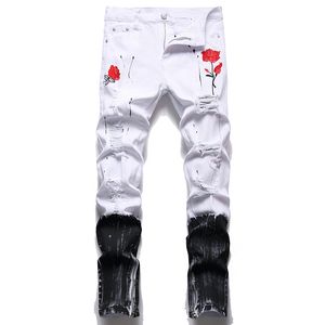 2022 Mäns Stretch-Fit Jeans Ny Casual Vit Broderad Rose Ripped Paint Denim Pants Fashion Tight Pencil Byxor