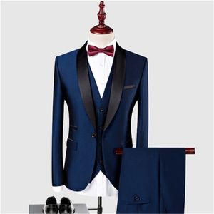 Ankomst anpassad sjal svart lapel brudgum kostym bröllop män kostymer 3 stycken jacka pantsvest royal blue man kostym 201106