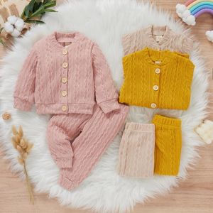 Kläder sätter 2st födda baby flickor kläder fast färg ribbad stickad avslappnad outfit spädbarn långärmad tröja toppar byxa småbarn stickade kläder