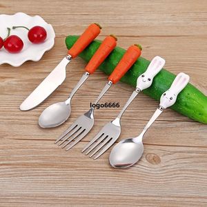 Sublimation Flatware Cute Easter Carrot Rabbit Handle Baby Feeding Spoons Cutlery Kids Stainless Steel Spoon Fork Kids Utensils 1pc Portabl