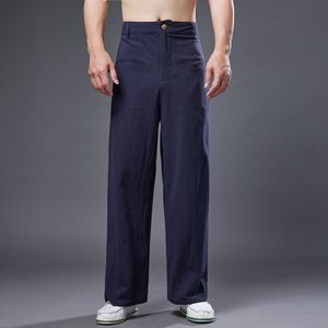 Etniska herrbyxor Streetwear Loose Casual Wide Leg Pant Black Blue Men's Clothing Cotton Linne Summer Bortable Trousers