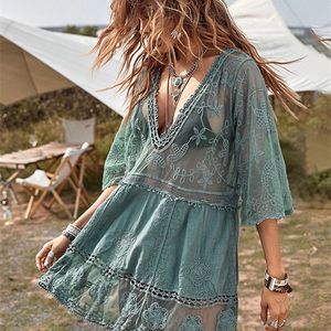 Deep V Neck Boho Beach Outing Sheer Sexy Lace Tunic Pareo Swimwear Summer Vintage Short Dress Holiday Cover Up 220707