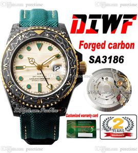 DIWF GMT II SA3186 Автоматические мужские часы Корпус из углеродного волокна Желтое золото Безель с арабской надписью Бежевый циферблат Зеленый нейлоновый ремешок Super Edition Puretime B2