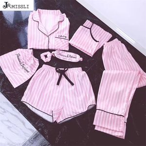 Jrmissli Pyjamas Women 7 Pieces Pink Pyjamas Set Satin Silk Sexig underkläder Home Wear Sleepwear Pyjamas Set Pijama Woman 220321