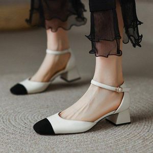 Kleid Schuhe Frauen Ankle Strap Schwarz Weiß Med Heels Sandalen Frau Büro Mary Jane Mischfarben Sommer Zapatos MujerDress