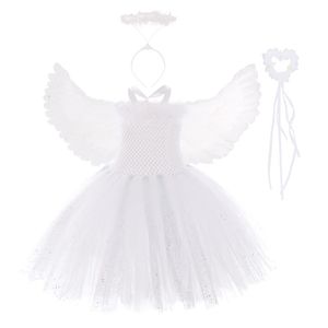 Mädchenkleider Weiße Feder Engel Cosplay Tutu Kleid mit Flügeln Set Purim Schöne Art Mädchen Geburtstag Halloween Party Kostüm für Schule Perf