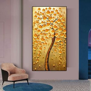 Moderne Leinwand-Malerei, bedruckte Leinwand, goldene gelbe reiche Baum-Blumen-Pflanzen-Kunst-Poster und Drucke, Wandbild für Wohnzimmer