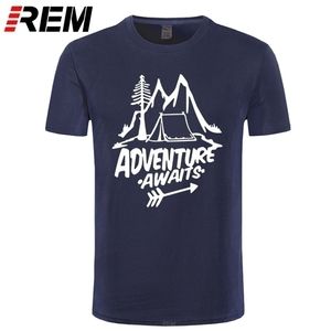 REM Adventure Awaits Letter T-shirt Travel Pine Tree Mountains Tent Printing T-shirt Top Quality Pure Cotton Unisex 220520