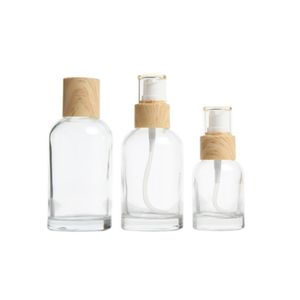 Verpackung Leere Klarglasflasche Falscher Holzkragen Weiße Lotion Spary-Pumpe mit Stecker Tragbarer nachfüllbarer Kosmetikverpackungsbehälter 40 ml 100 ml 120 ml
