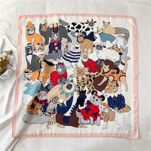 Cute Cat Print Scarf For Women Silk Neckerchief Luxury Hair Band Wrist Headband Hijab Shawl And Wrap Bandana Echarpe