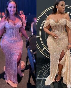 2022 Plus Size Arabisch Aso Ebi Champagner Meerjungfrau Sparkly Prom Kleider Perlen Sheer Neck Abend Formale Party Zweiter Empfang Geburtstag Verlobungskleider Kleid ZJ227