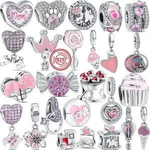 925 Silver Fit Pandora Charm Bracelet Pink Heart Bow Crown Ice Cream Love Lucky Charms Set Hanger Diy Fine Beads Sieraden