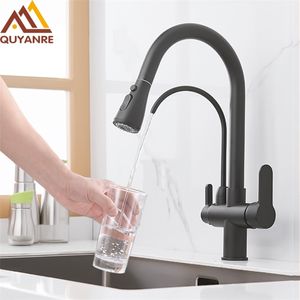 Quyanre Matte Black Filtered Crane For Kitchen Pull Out Spray 360 Rotation Water Filter Tap Three Ways Sink Mixer Kitchen Faucet T200423