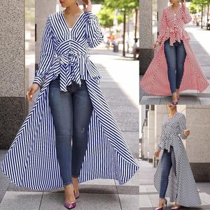 Damskie Bluzki Koszule Moda Kobiety Jesień Damska Tunika Stripe Długi Ogon Casual Sleeve V-Neck Zdefiniowana bluzka talii