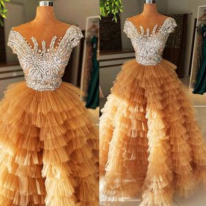 2022 Plus Size Arabic Aso Ebi Luxurious Gold A-line Prom Dresses Beaded Crystals Evening Formal Party Second Reception Birthday Engagment Gowns Dress ZZ33