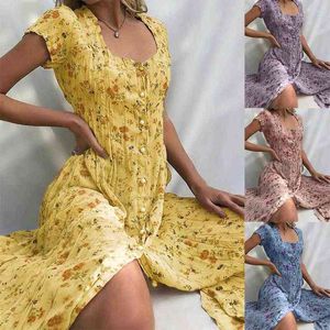 Fashion Women Summer Vintage Polyester Square Neck Short Sleeve Floral Print Button Party Midi Beach Dress L220705