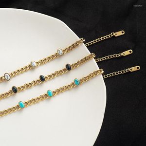 Link Chain Vintage Natural Stone Bracelet Inlaid Oval Turquoise Titanium Steel Cuban Simple Fashion Jewelry Wholesale Kent22