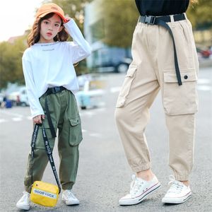 Fashion Cargo Pants for Teen Girls Cool Trousers With Belt Loose Style Kids Cotton Sport Running Pants For Teens Girl 5-14 Years 220512