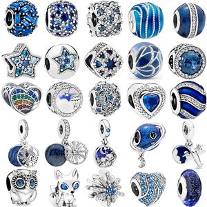 925 Ayar Gümüş Dangle Charm Gök Mavisi Serisi Kelebek Çiçek Unicorn Yıldız Ay Baykuş Düzlem Boncuk Fit Pandora Charms Bilezik DIY Takı Aksesuarları