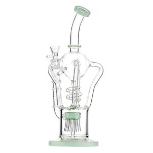 12.6-Inch Recycler Glass Bong with Jade Green Mouthpiece, Bent Neck, Coil Perc, and Tree Percolator - 14mm Female Joint