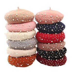 Classic Style Pearl Wool Berets Autumn Winter Women Luxury Retro Warm Woolen Octagonal Hat Girls Flat Cap Ladies Pumpkin Hat