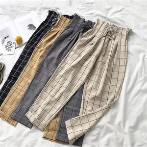 2019 new spring summer casual lace up anklelength pants women's plaid loose harem Nine pants T200104