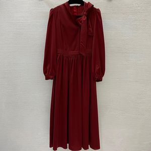 Casual Dresses Temperament Ribbon Bow Collar Designs Midi Dress For Women High End Quality Long Sleeve Tight Waist Pleated Skirts Lady 2022