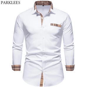 Camisas casuais masculinas PARKLEES 2022 outono xadrez patchwork formal para homens fino manga longa branco camisa de botões vestido negócios escritório camisas