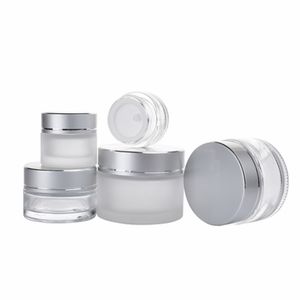 Tom frostad klar glasflaska ögon grädde matt silver aluminium skruvlock med pp foder kosmetisk förpackning grädde potten container 5g 10g 20g 30g 50g påfyllningsbara burkar