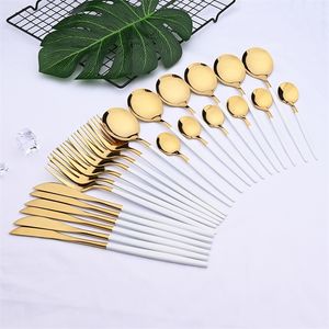 24PCS Białe Złote Zestaw naczyń stałowych Nóż ze stali nierdzewnej Widelec Spoon Cutlery Kitchen Strale Stoliwa Hurtowa oprogramowanie 220623