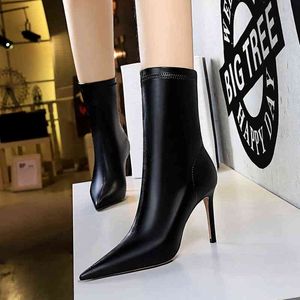 BIGTREE High Stiletto Heels Boots Leather Ankle Boot Women Sexy Pointy Toe Sock Shoes Pumps Autumn Winter Booties 9.5 cm G220520