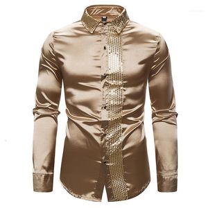 Mäns Silk Satin Shiny Shirts Male Slim Fit Långärmad Sequin Patchwork Party Nattklubb Bröllopskjorta S-2XL
