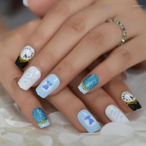 False Nails Light Blue Dreamlike Designed Nail Princess Clock Medium Glitter Fake Square Childlike Artificial Prud22