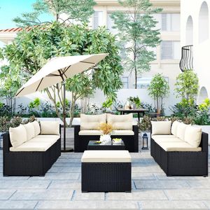 Camp Furniture 9-piece Outdoor Patio Large Wicker Sofa Set Rattan For Garden Backyard Porch And Poolside Black Beige CushionCamp CampCamp