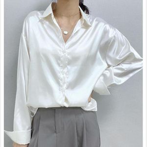 Autumn Fashion Button Up Satin Silk Shirt Vintage Blouse Casual Loose Down Shirts Topps Lady Long Sleeve Female Blusa 220809