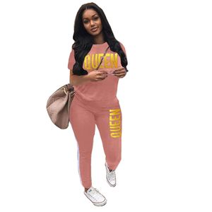 Kvinnors spårningsdräkter 2 -stycken Set Women Outfit Queen Letter Print Kort ärmar High Neck Hoodies Sweatshirt Pants Tracksuit 2022 Plus Size Streetwear Casual Suit