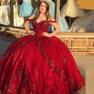 Sexy Dark Red Bury Puffy Quinceanera Dresses Off Shoulder Lace Appliques Crystal Beading Flowers Ball Gown Vestidos De Dress Guest Corset Back Tulle 403