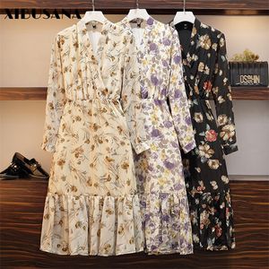 Vår sommar mode kvinnlig vintage tryck blommig långärmad avslappnad midi a-line lös dres chiffon klänning mujer vestidos 220516