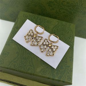 Retro Bows Rhinestone Charm Earrings Double Letter Pendant Studs Diamond Bow Eardrops Wholesale