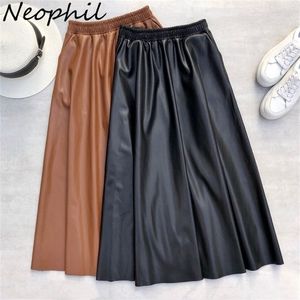 Neophil 80cm Women Leather Long Skirts Pockets Winter Elastic Waist ALine Flare Skirt Brand Thick Latex Falda Larga S21864 220701