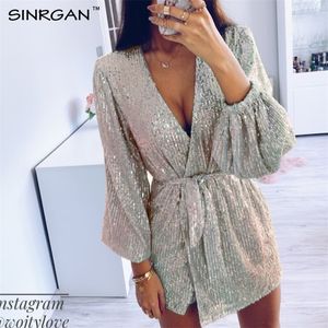 Nankey Party Silver Glitter Sequin Dress Women Evening Sexig kroppstillfällen Wrap Dress Sashes V Neck Mini Vestidos 210303