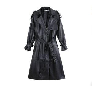 Autumn Extra Long Oversized Black Faux Leather Trench Coat for Women Long Sleeve Belt Double Breasted Loose Fashion 2022