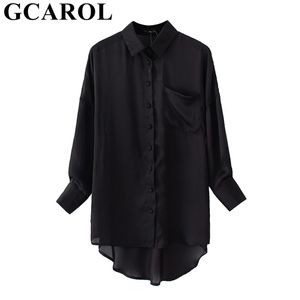 GCAROL Women Black Asymmetric Long Blouse 30% Cotton Casual High Street Oversized Girlsbottoming Shirt Chic Tops 210401