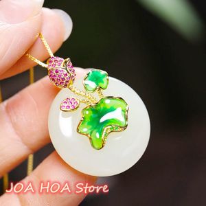 Wholesale fine white gold necklace for sale - Group buy Latest Three dimensional Carved Inlaid Suet White Gold Silk Jade National Wind Lotus Lucky Buckle Pendant Fine Necklace Jewelry
